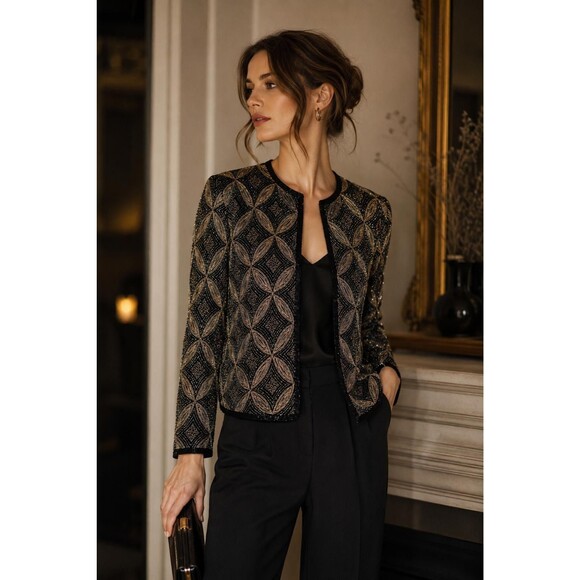 Papell Boutique Jackets & Blazers - Papell Boutique Silk Beaded Art Deco Evening Jacket Black Gold Open Front Size S